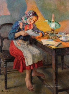 three women at the table by the lamp Painting - Reading by the Lamp Nikolay Bogdanov Belsky